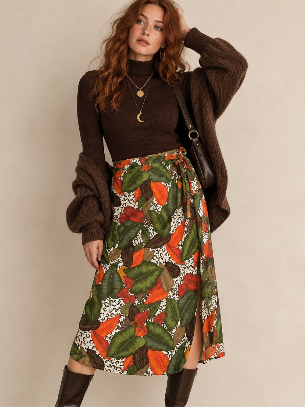 Vintage 90s Chaus Tropical Green Red Leopard Leaf Rayon Midi Wrap Skirt Size 12